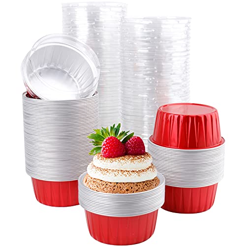 Deayou 100 Pack Aluminum Foil Ramekins With Lids, 5Oz Muffin Cupcake Baking Liners Cups, 3" Round Disposable Recyclable Tart Pie Tin Pan Holder For Pudding, Party, Wedding, Oven Freezer Safe, Red #TOP5