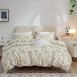 Flower Queen Duvet Cover, 100% Cotton 3 Pieces Queen Floral Bedding Sets for Girls, Vintage Chic Style Flower Leaf Pattern Printed Soft Floral Duvet Cover, with Zipper Closure