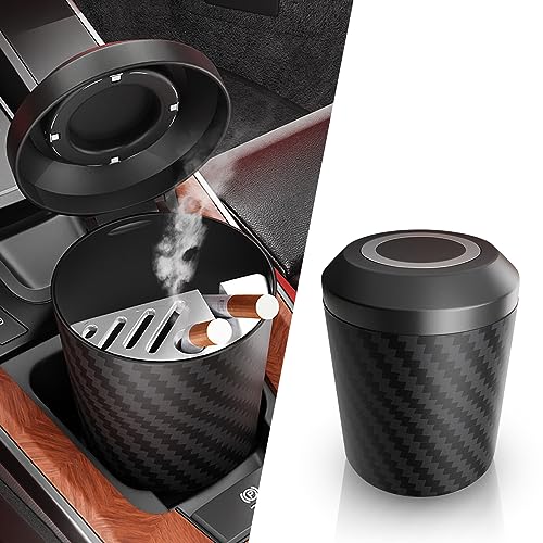 Image of 1 PC Car Ashtray, Carbon Fiber with Lid Multifunctional Mini Car Trash Box, Detachable Portable Smokeless Car Ashtray, Universal Garbage Can for Most Cars (Black)