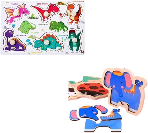 Toys for LITTLEMINDS Combo Pack of Knob Board – Mini and Wooden Chunky Puzzle with Base Image– Perfect for Arts & Crafts Activities