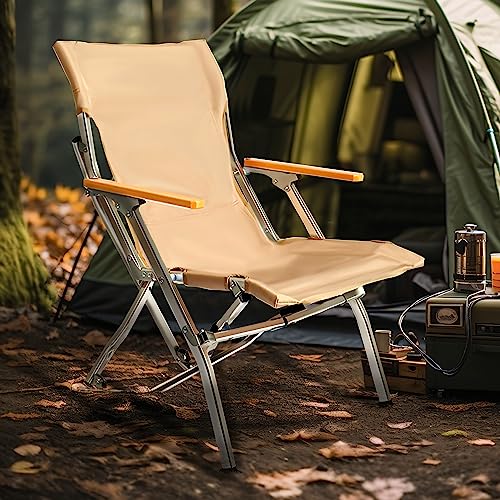 Doubob Camping Chair Folding Beach Lawn Portable Chairs Outdoor Chair With Wood Armrest,Ultralight Aluminum Alloy For Adults,Khaki #TOP5