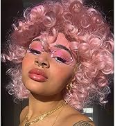 YOSILADY Pink Curly Wigs for Black Women Short Loose Curly Wig with Bangs Synthetic Afro Kinky Cu...