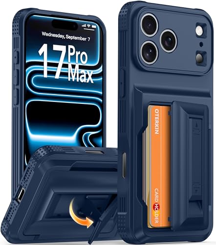 Oterkin for iPhone 17 Pro Max Case with Card Holder & Stand, Blue 6.9"