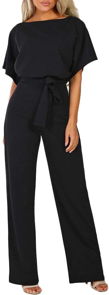 Fanteecy Womens Short Sleeve Sexy Semi Formal Cocktail One-Piece Jumpsuit Romper Loose Belted Wide Legs Party Clubwear
