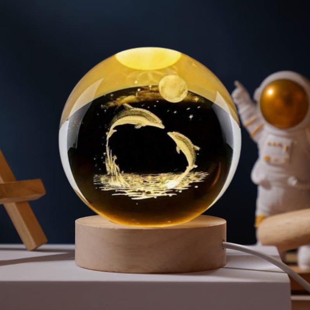 Desidiya 3D Crystal Ball Night Light Lamp with Dolphin Design Night LED Lamp with Wooden Base for Kids Room, Bedroom Home Decor, Office, Birthday Gift Decorations for Men, Women, Diwali Gift