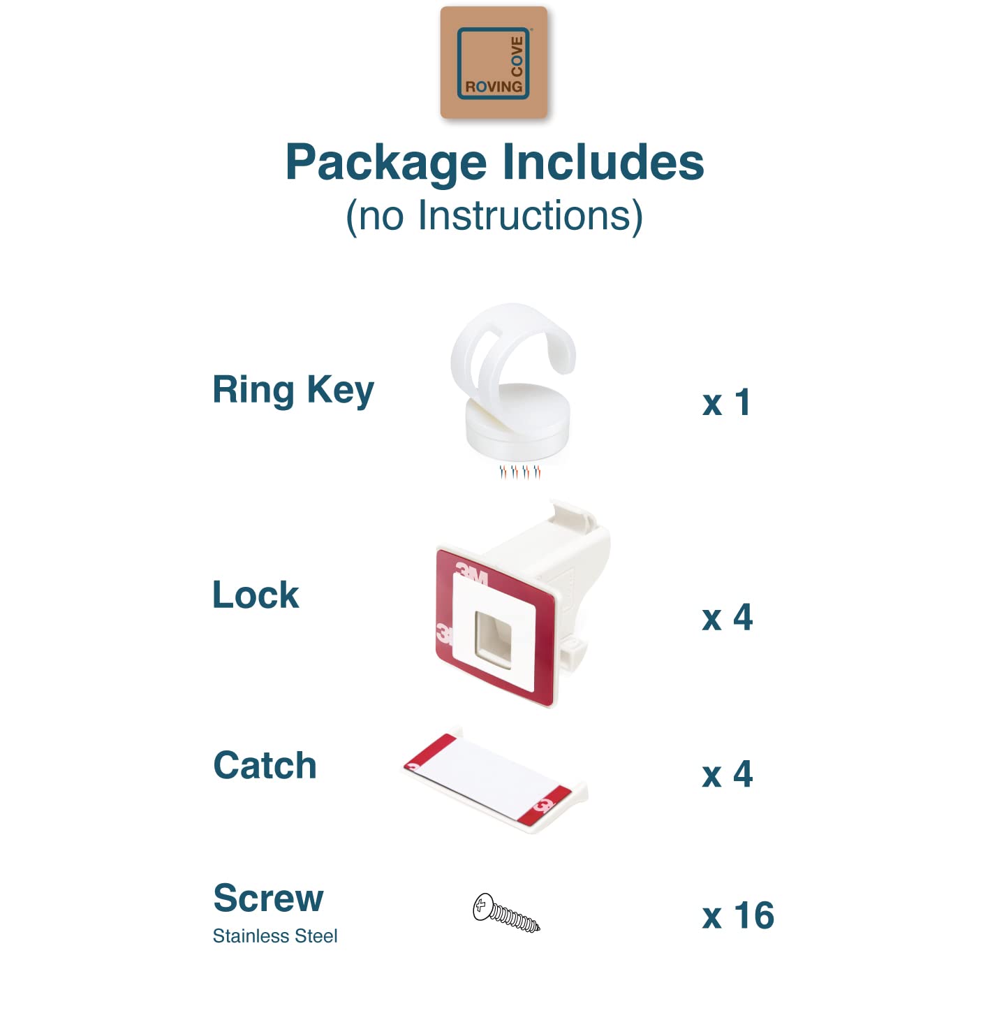 Cabinet Locks for Babies - Replacement Locks & Key for RovingCove Magnetic Child Locks for Cabinets and Drawers, 4 Locks 1 Ring Key (No Instructions)