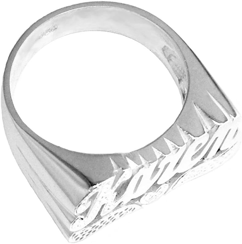 Personalized Silver name ring custom letter finger size mom, sister, prom party. Name plate rings. gift for friends, kids. initial ring. white rhodium or yellow plated SNS112 (sterling-silver, 7)