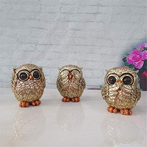 juanxian 3 Owl Figurines Decor See No Evil Hear No Evil Speak No Evil Mini Cute Owl Statue Crafted Animal Sculpture Ornament for Home Office Tabletop Golden | W4398