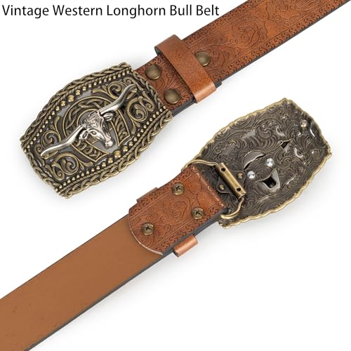 Image of UTOWO Western PU-Leather Cowboy Buckle Belt for Men and Women Jeans Engraved Floral Longhorn Bull Buckle Belt (25-38 inch waist)