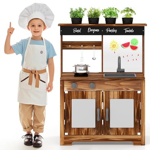 COSTWAY Cocina Juguete de Barro, Cocinita Infantil de Madera de Abeto con 4 Macetas para Plantar, Grifo, Fregadero Removible y Estufas Dobles, Juego de Cocina con Accesorios para Niños de 3+ Años