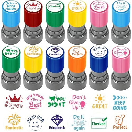 SQAQS 12PCS Timbres pour Enseignants, Tampons Enseignants Français, Tampon Encreur pour Enfant,...