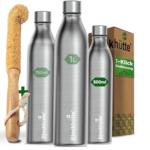 Blockhütte Wasserflasche Edelstahl 500ml I Isolierte Thermosflasche, Wasserflasche Kohlensäure geeignetauslaufsicher, spülmaschinenfest, Flasche ideal für Sport, Wandern, Kinder - BPA-frei