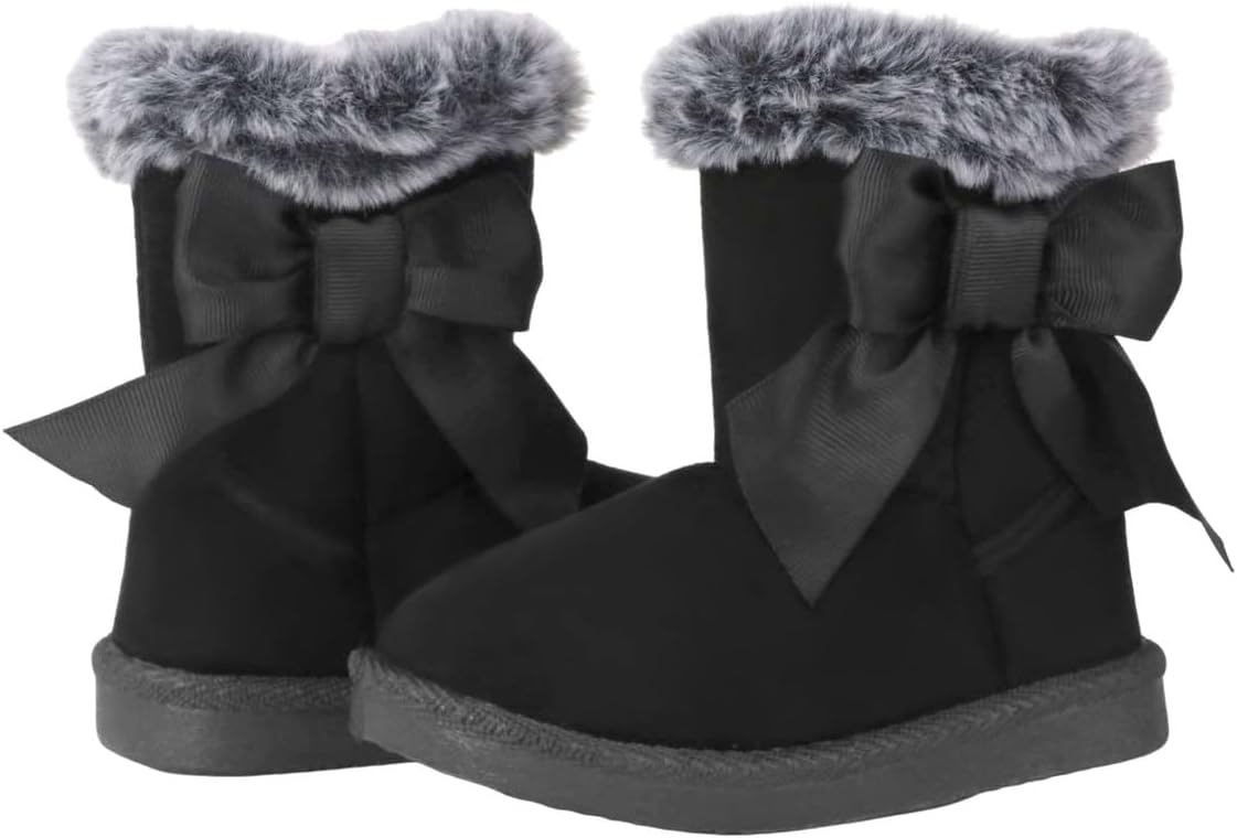 QIETION Toddler & Little Kid Suede Bow Winter Boots – Faux-Fur Lined Warm Snow Booties with Inside Side-Zipper, Non-Slip TPR Sole, Girls & Boys Cold-Weather Shoes