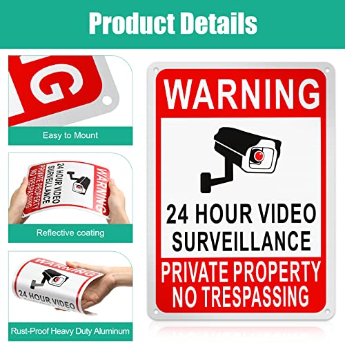 8 Pack Private Property No Trespassing Sign 24 Hour Video Surveillance Sign Reflective Aluminum Security Camera Sign Trespassers Will Be Shot Sign Warning Signs for Home Safety, 7 x 10\'\' (Video Sign) - Thumbnail 3
