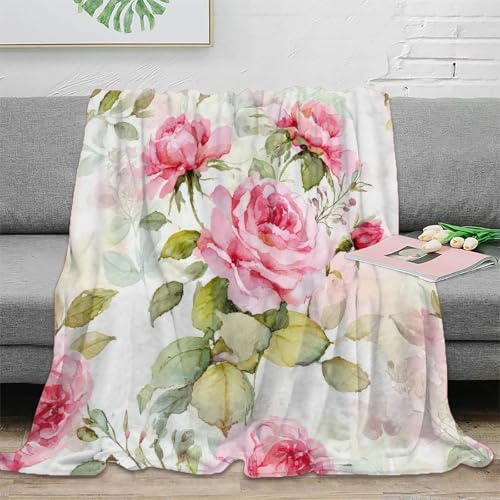 3D gedruckt Pink Roses Reisedecke Mikrofaser weich warm Bettwäsche Watercolor Floral Design Kuschelwurf antistatisch maschinenwaschbar für Hausbesitzer Mieter Jugendliche 40x50inch(100x130cm)
