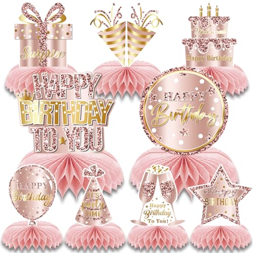 DiiWmme 9PCS Pink Rose Gold Birthday Honeycomb Decorations, Happy Birthday Table Centerpieces for Women, Girls Party Supplies, Reusable Paper Decorations (Pink)