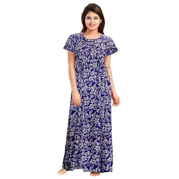 Image of NILOUFO Women's Cotton Printed Maxi Nighty - Pack of 2 | Soft Ankle-Length Sleepwear Gowns for Women | Free Size Night Dresses (Blue,Red, Free Size)