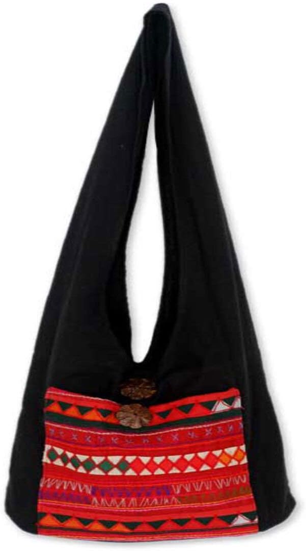 NOVICA Artisan Handcrafted Cotton Shoulder Bag Hemp Coconut Shell Handbags Black Red Aurora Patterned Thailand Geometric ' Akha Dreams'