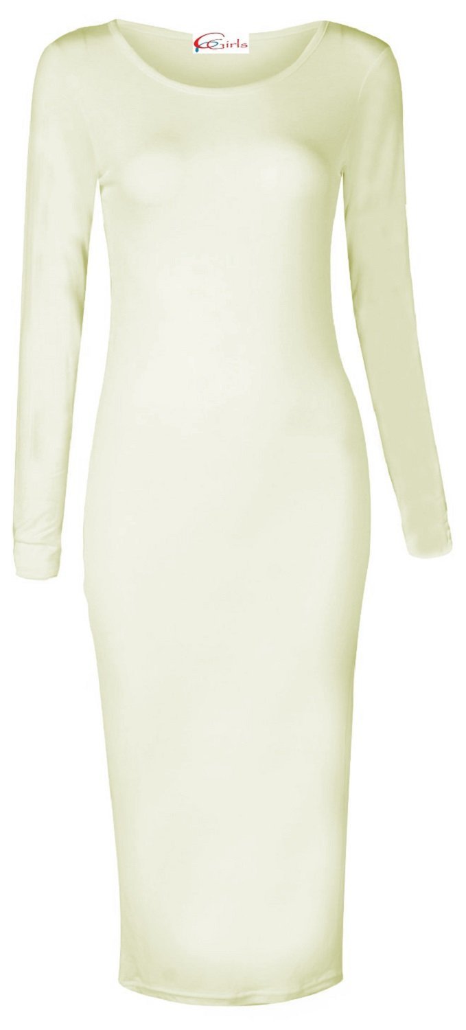 Crazy Girls Womens Plain Long Sleeve Scoop Neck Stretch Bodycon Maxi Midi Dress (XL-UK16-18, Cream)