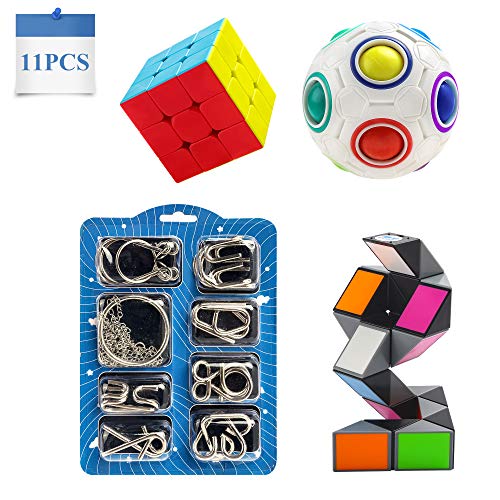 Vdealen 11 pièces Brain Teaser Puzzles Toy Set, Puzzle Toys with Rainbow Ball, Magic Snake Cube, 3x3 Speed Cube and Metal Wire Puzzles, 3D Puzzles IQ Toys Set for Kids of All Ages