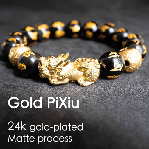 Feng Shui Bracelet 24k Gold Plated PiXiu, Obsidian PiXiu Wealth Bracelet Dragon Protection, Mantra Prayer Beads Bracelets Can Bring Good Luck, Wealth and Health for Men Women3