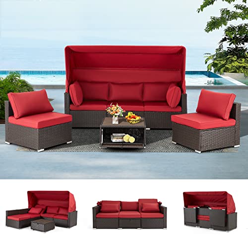 Vicluke 6 Pieces Patio Conversation Sets, Rectangle Wicker Daybed with