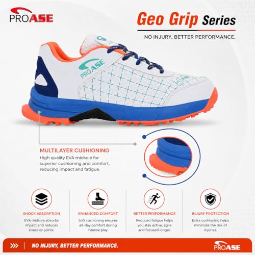 Image of Pro ASE Lightweight Cricket Shoes - Durable & Comfortable | Ideal for Turf, Ground & Hard Surfaces | Allrounder Design with Studs & Superior Grip | White, Blue, Grey, Orange
