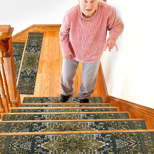 Carpet Stair Treads for Wooden Steps Indoor, 15 Pack 8" X 30" Non Slip Stair Treads with Reusable Adhesive for Kids Elders and Dogs, TPR Backing Stair Rugs Oriental Staircase Step Treads,Bohemia