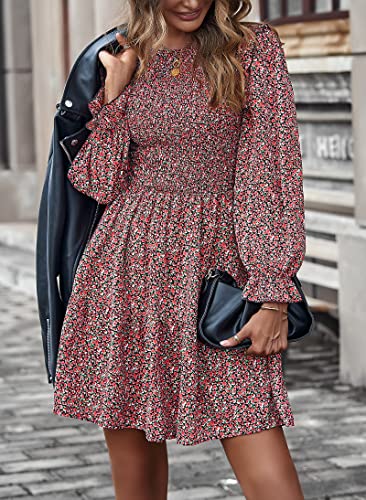 Image of KIRUNDO Long Sleeve Dress for Women 2025 Summer Fall Wedding Guest Smocked Floral Crewneck Ruffle A Line Flowy Mini Dress