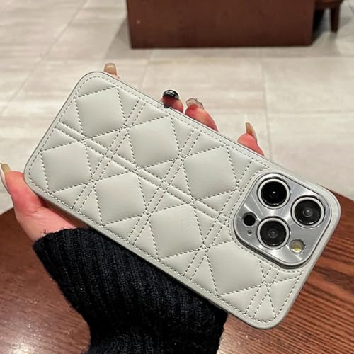 Popcoom Ultra-Luxury Leather Phone Case for iPhone, Elegant Rhombus Plain Leathercase, Luxury Leather Phone Case for iPhone 14/15 Pro Max (Grey,for 16)