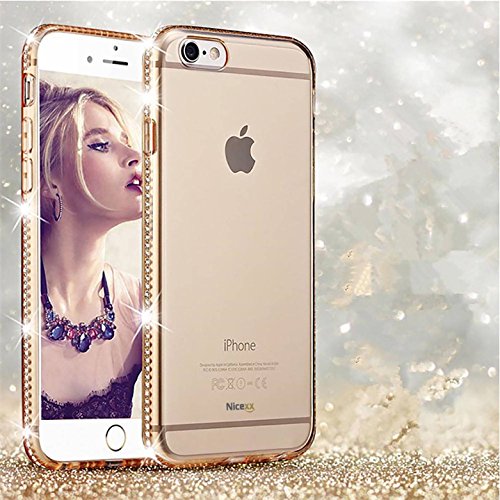 Nicexx iPhone 6/ 6s Clear Case with Rhinestone Gold Plated Frame Soft TPU Case Transparent Bling Glitter Case for iPhone 6/ 6s for girls (Gold)