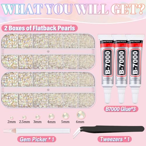 Image of Flatback Pearls for Crafting with 3Pcs 10ml B7000 Jewelry Glue, 2 Boxes of Half Round Beige AB Pearls, Bedazzling Beads for DIY Crafts Clothing Shoes Tumblers Nail Art