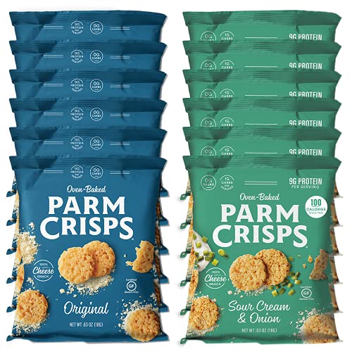 ParmCrisps â€“ Original and Sour Cream & Onion Cheese Parm Crisps, Made Simply with 100% REAL Cheese | Healthy Keto On-the-Go Snacks, Low Carb, High Protein, Gluten Free, Oven Baked, Keto-Friendly | Variety 0.63oz (Pack of 12)