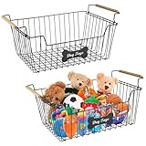 Lolytama Dog Toy Basket, Iron Wire Dog Toy Bin, Mesh Wire Basket with Wooden Handles, Chew-Proof Dog Food Toy Storage Container, Black Sturdy Dog Basket for Dog Leash,Collar,Dog Toy,Snacks