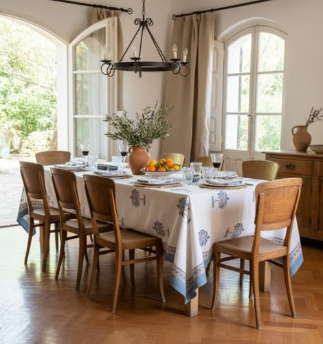 Nappe blockprint Inde en coton fait main table rectangulaire bleue - 8