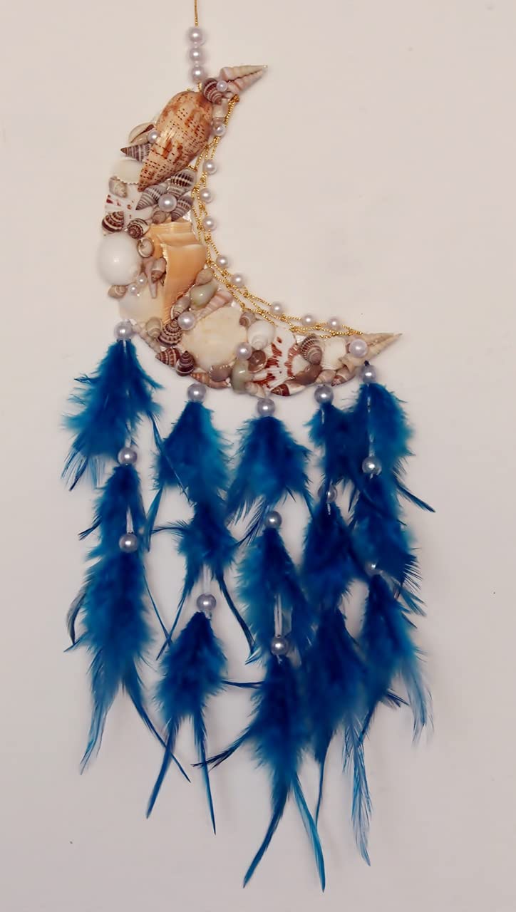 Yuvicreations, Moon Shape, sea Shell Dream Catcher, Fine Quality Feathers. Seashell Wall Decoration