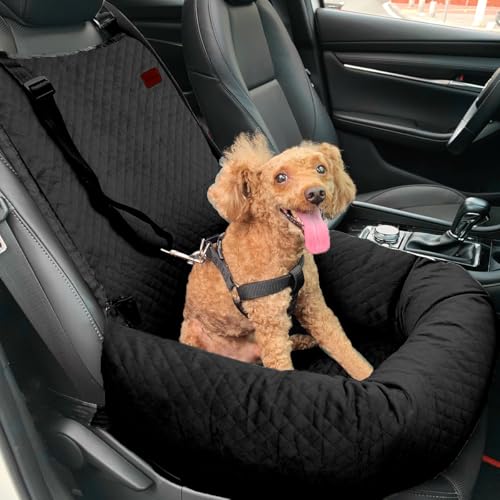 Dog Car Seat for Small Medium Dogs Up to 40lbs, Detachable Washable Soft Pet Booster Travel Bed for Front & Black Seat with Safety Leash Belt