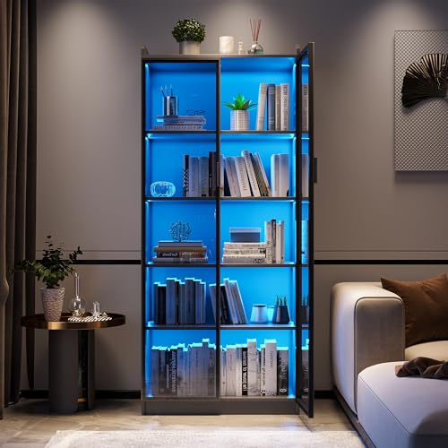 Lvifur Tall Storage Cabinet up to 70 inches, 3 Color Dimmable LED Kitchen Pantry Cabinet with Body Induction, 5 Tier Bookcase Display Cabinet with Adjustable Shelves for Living Room Office (Grey)