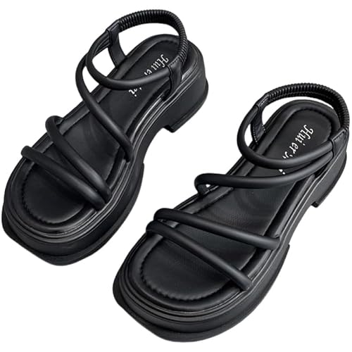 Thick-soled Casual Sandals for Women Summer Retro Fashion Roman Shoes (Black,8)