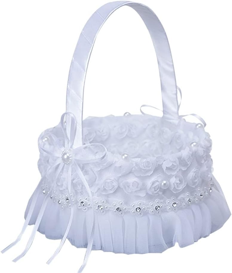 HBJWOV Flower Girl Basket White Small Satin Cloth Baskets Lace Multi Cute Faux Flowers Wedding Ceremony(D)