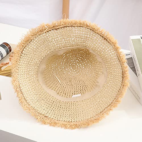 Womens Straw Sun Hat Wide Brim Floppy Summer Beach Hats Frayed Crochet Bucket Hat Foldable (M, Beige) #TOP4