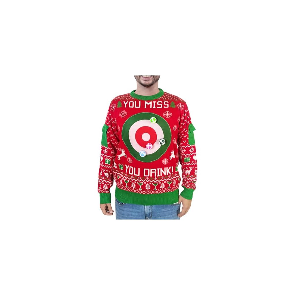 You Miss You Drink Sweater, Drinking Game Dartboard with 6 Sticked Ball Ugly Christmas Sweater Funny Matching Party Shirt