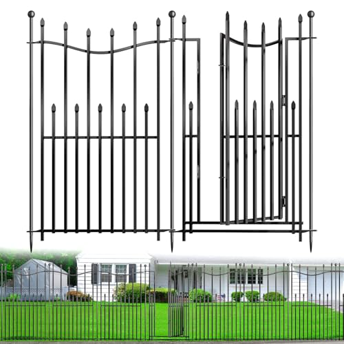 8 Panels No Dig Decorative Garden Fence with Gate, 40in(H) × 17.6ft(L) Heavy-Duty Rustproof Metal Panels, Outdoor Dog Barrier for Yard & Patio, Landscape, Border| Portable Temporary Fencing