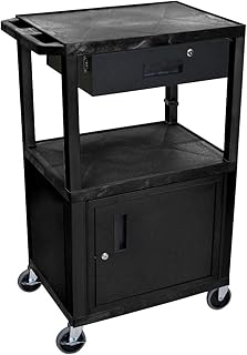 LUXOR WT42C2E-B/WTD 42" H AV Cart - 3 Shelves Cab Drawer - Black, 4" Ball Bearing Casters with Two Locking Brake, Multipurpose Storage for Video Projector, TV, Laptop