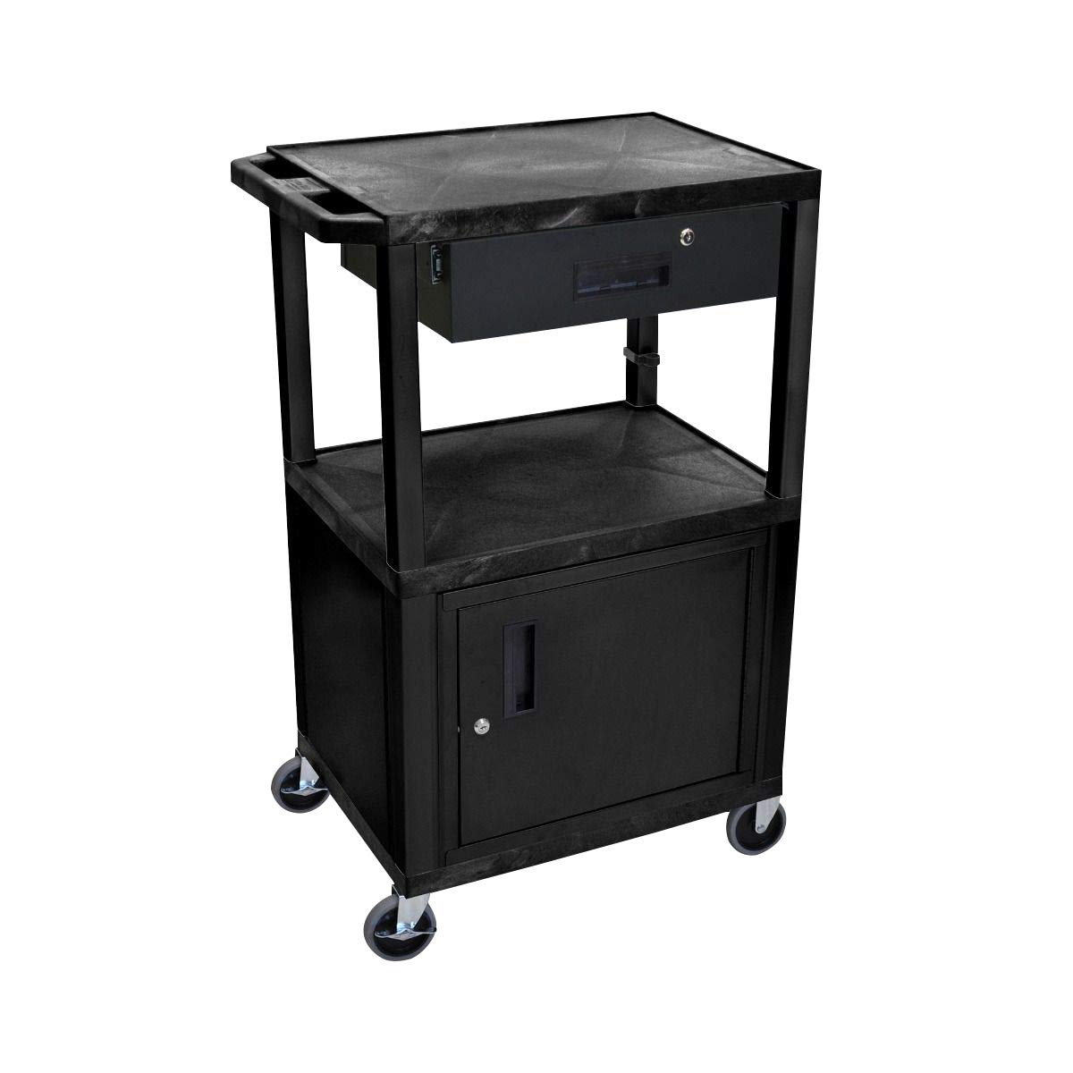 Luxor WT42C2E-B/WTD 42" H AV Cart - 3 Shelves Cab Drawer - Black, 4" Ball Bearing Casters with Two Locking Brake, Multipurpose Storage for Video Projector, TV, Laptop