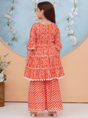 Image of Preneum Girl's Cotton Rayon Bandhani & Lahariya Printed Angrakha Kurta with Sharara & Dupatta