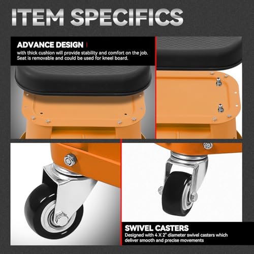 Auto Dynasty Mechanic Roller Stool, 300 LBS Capacity Rolling Creeper Garage Shop Seat with Tool Tray, Heavy Duty Mechanic Roll Repair Chair for Workshop Household Home Warehouse Office, Orange - Thumbnail 4