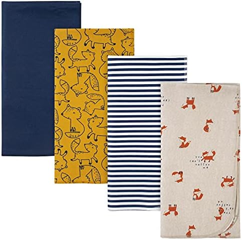Gerber Baby 4-Pack Flannel Receiving Blanket, Blue Fox, One Size