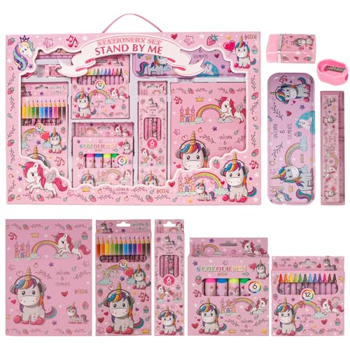 Image of WISHKEY 41 Pieces Unicorn Theme All-in-One Stationery Set, Stationery Items with Pencil Box, Notebook, Scale, Eraser, Sharpener, Crayons, Color Pencils, Color Pens, Pencils for Kids (Pink, 6+ Years)