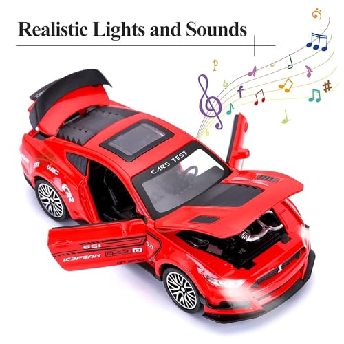 Image of 1:32 Mustang GT500 Diecast Metal Pullback Toy car with Openable Doors & Light, Music Boys car for Kids Best Toys Gifts Toys for Kids-Red